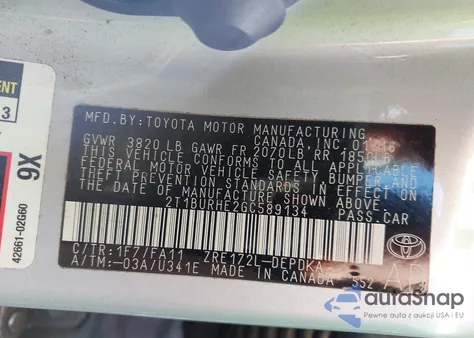 2016 Toyota Corolla L from USA, damaged, VIN 2T1BURHE2GC589134